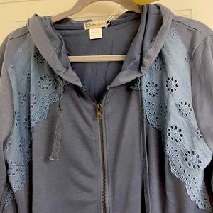 women’s muted blue hoodie with lace shoulder Large